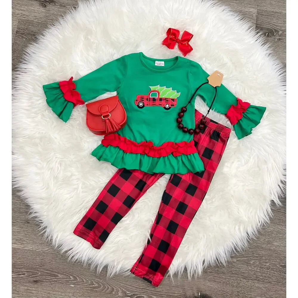 Christmas Outfit Set Truck Applique Ruffle Top Plaid Leggings Bow Size 3T